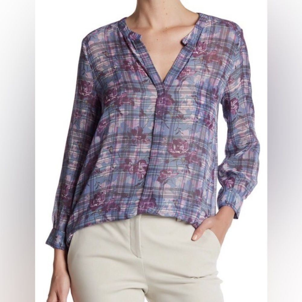 JOIE Silk Brigid Top Clear Skies Button Down Blue Lavender Floral Blouse Sz XXS